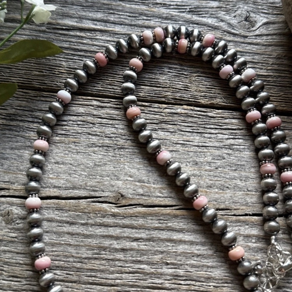 Southwestern Sterling Silver Pink Conch 6mm Pearls Bead Necklace 22 Inch - Picture 7 of 12